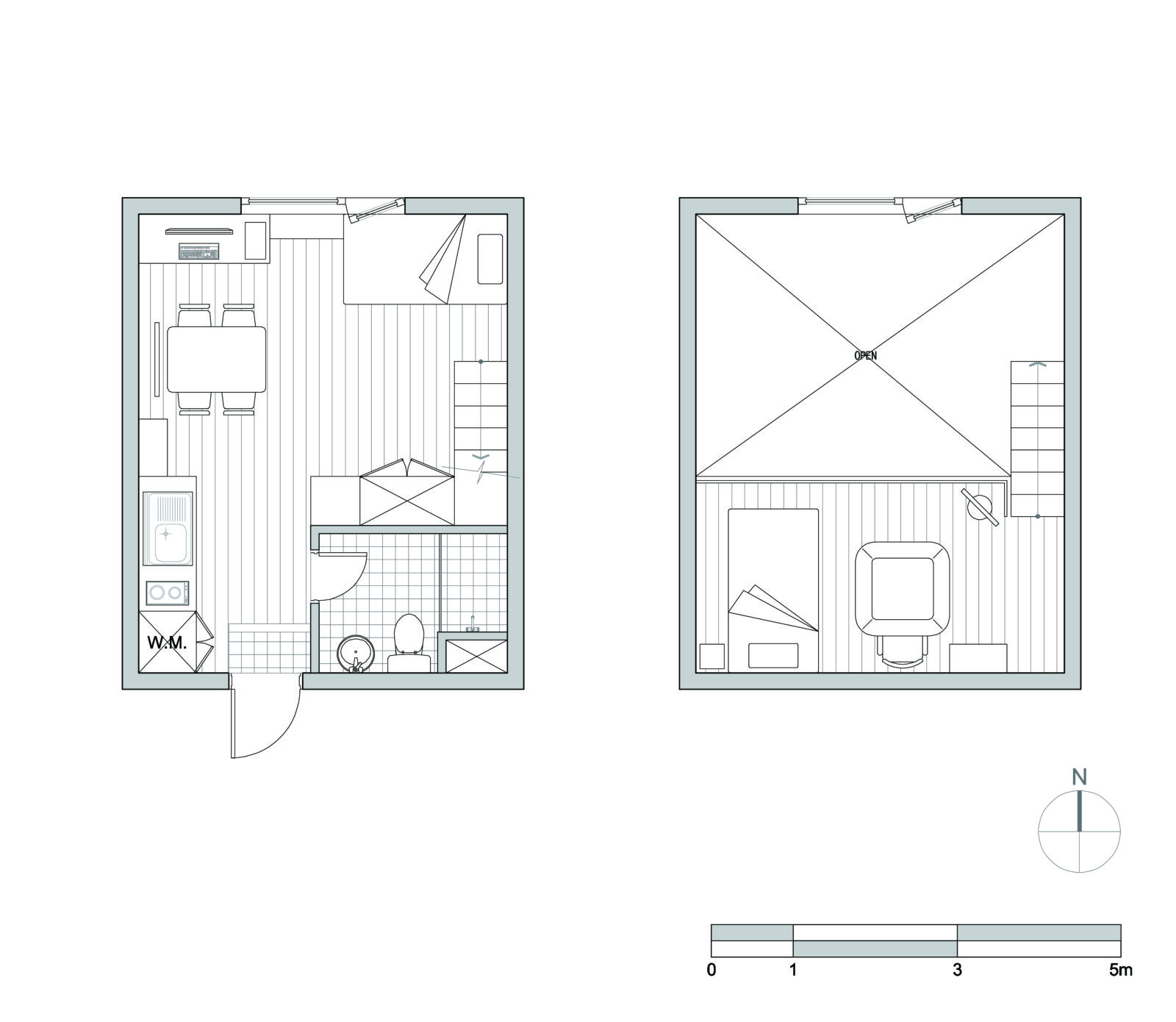 Floor plan of K's loft-type officetel in Naeson-dong, Korea. The first floor features a living room, kitchen, and bathroom, while the second floor is a cozy sleeping and kotatsu lounge area.